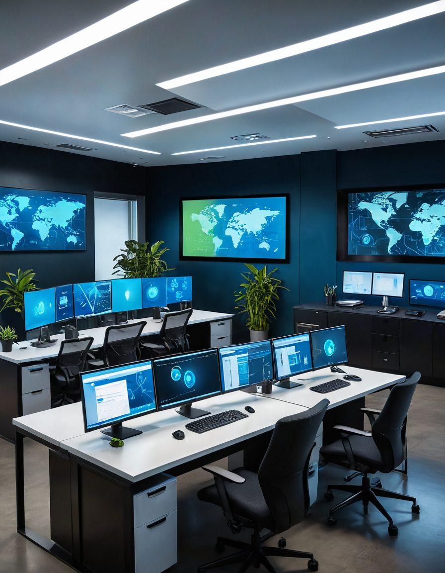 A dynamic and futuristic office environment, showcasing diverse professionals collaborating around digital screens displaying cyber security data. Emphasize the blend of technology and teamwork, with elements like shield icons and locks representing data protection. Use a color palette of blues and greens to symbolize trust and security. super-realistic. vibrant colors. modern aesthetic.
