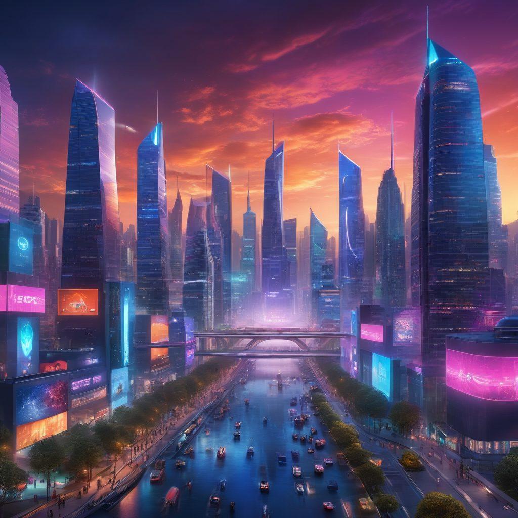 A futuristic cityscape with high-tech buildings and digital screens that display the AEScan logo, surrounded by diverse people collaborating on digital devices. In the foreground, a glowing lock symbolizes cyber protection, while hints of innovation like drones and AI interfaces float above. The sky is vibrant, with neon colors illuminating the scene. super-realistic. vibrant colors. 3D.
